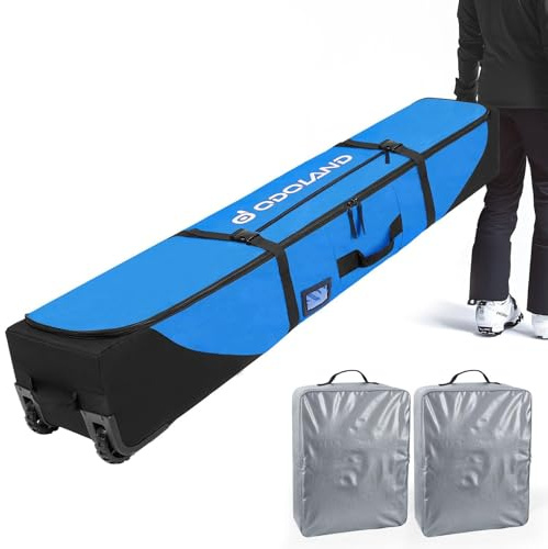 Odoland Bolsa de Esquí con Ruedas Bolsas Acolchadas para Snowboard y Botas de Esquí con Ruedas para Viajes en Avión, Tela Oxford 900D Impermeable, Apta a 2 Pares de Esquís de 170 cm, Azul