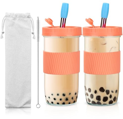 Osrioal Lot de 2 tasses à thé aux perles réutilisables, 730 ml, à large goulot avec couvercles et pailles, verre à café glacé avec manchon en silicone, bocaux Mason en verre étanche (rose)