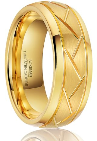SOXEMAN Anello Nuziale Uomo in Tungsteno, Larghezza 8mm con Motivo Chevron, Finitura Satinata Industriale (Misura USA) | Tungsteno Oro | Misura USA 7 (54,3 mm)