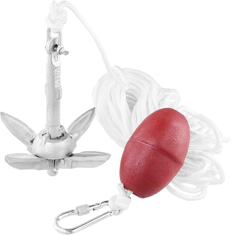 QWORK® Grapnel Anchor 0.7 kg, Ancora Pieghevole, Inclusa Linea di Ancoraggio da 20 Metri, Una Boa Galleggiante e Una Custodia, per Kayak, Canoe e Moto d'Acqua
