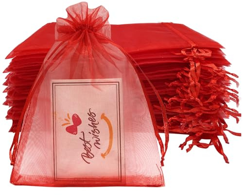 Jexila 100 rote Organza-Geschenkbeutel, 10,2 x 15,2 cm, kleine Netz-Geschenkbeutel mit Kordelzug, für Weihnachten, Geburtstag, Party, Schmuck, Süßigkeiten, Kerzen, Beutel