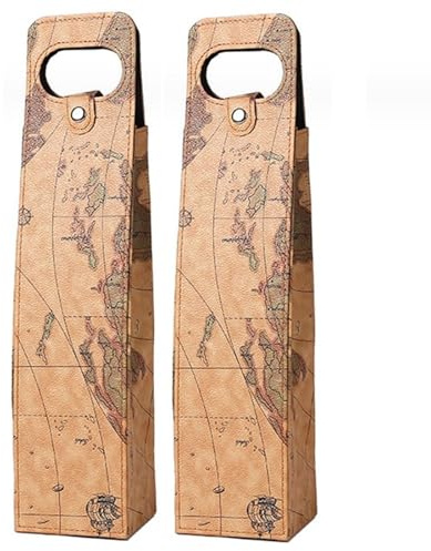 2er Set Geschenktasche aus Kunstleder mit Weltkarte Optik | Weintasche mit Verschluss für Einzelflasche | wiederverwendbare Geschenktüte | Weinbeutel | Tragbare - Flaschentasche für Wein, Sekt