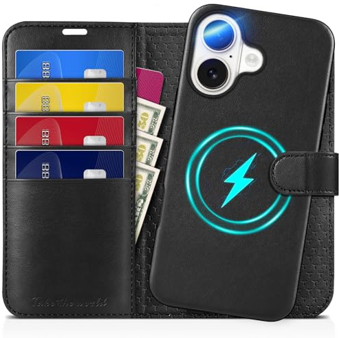 TUCCH Wallet Case for iPhone 16 (6.1) 2024, [Detachable]2 in 1 Magnetic PU Leather Stand Flip Case with[RFID Blocking][Wireless Charging][Card Holders]Removable Protective Folio for iPhone 16, Black