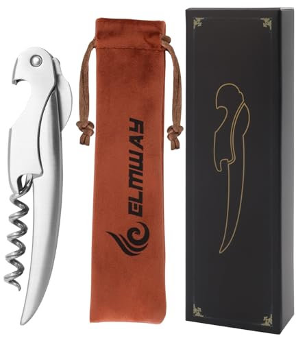 ELMWAY Stainless Steel Waiter’s Friend Corkscrew – Precision-Crafted Manual Wine Opener with Serrated Foil Cutter & Bottle Opener, Polished Finish & Fabric Pouch