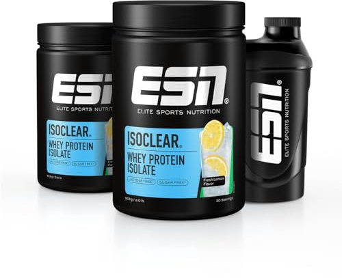 ESN ISOCLEAR Whey Isolate Protein Pulver, Fresh Lemon, 2 x 908 g + Gratis Shaker, Proteinlimo mit fruchtig leckerem Geschmack, clear Whey - made in Germany