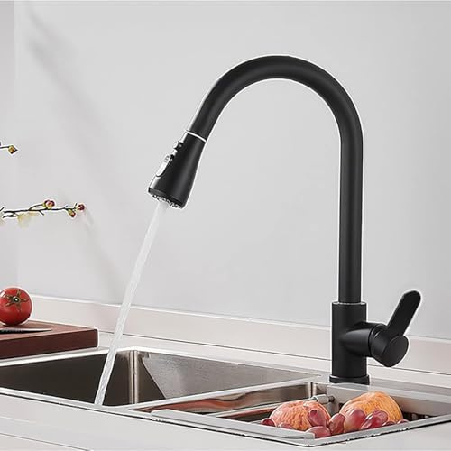 XWIHTR Pull-Out Kitchen Tap, 360° Swivel, Water-Saving Design, Silent Valve Core, Anti-Drain Blockage, 3-Mode Stainless Steel Construction, High-Pressure Kitchen Sink Tap (Black)