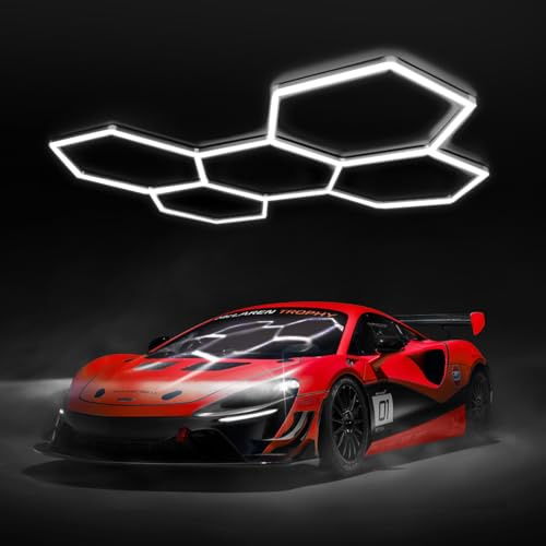 ASNABYYA Hexagon LED Lights, 5-Hexagon Led Garage Light 200W 6500K IP54 Hexagonal Grid Shop Lights Linkable Plug-in Ceiling Light for Garage Workshop Basement Gym Warehouse Supermarket