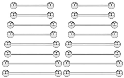 Eophmi Metal Tongue Bars 16pcs 14G Tongue Bar Piercing Nipple Bars Surgical Steel Nipple Piercing Jewellery Women Men (12/14/16/18MM)
