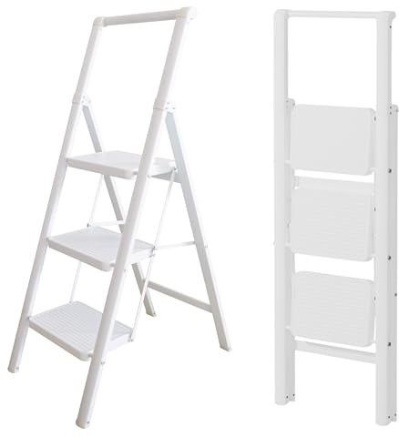 UABA Escalera Plegable 3 peldaños Blanca, Liviana y Estable, peldaños Anchos Antideslizantes, EN 131 150 kg