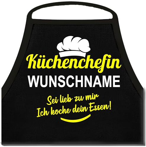 Shirtoo Kochschürze für Damen mit Spruch: Küchenchefin Wunschname, Sei lieb zu Mir, ich koche Dein Essen - Personalisiert mit Namen