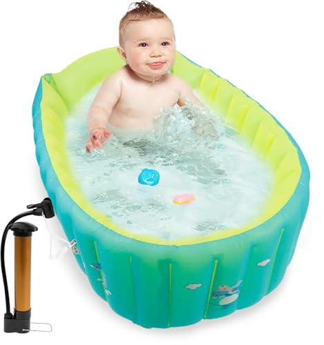 Baby Badewanne, aufblasbares Kinderschwimmbecken mit eingebauter Luftpumpe, zusammenklappbare tragbare Badewanne für Kinder, 80×52×28 cm, Mini-Baby-Duschwanne, empfohlen ab 5 Monaten für draußen