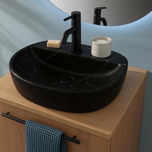 NORBE | Lavabo da appoggio in Ceramica | Lavandino in appoggio | (Marmo Nero, 50 Cm)