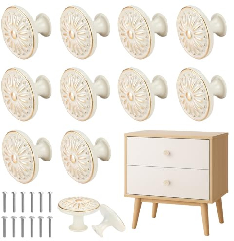 MAIJIAJU 12 Pcs Round Cabinet Knobs, Vintage Floral Ivory White Pulls | 30mm Single Hole Drawer Pulls, Complete Matching Screws Included, Retro Style For Cupboard Wardrobe Kitchen Cabinet Door