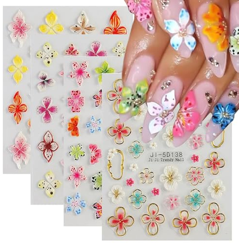 5D nagelklistermärken med präglade blommor, tropisk hibiskus och lilja nagelklistermärken för nagelkonst på sommaren och tidig, innehåller 4 st för kvinnor och flickor