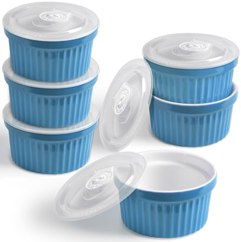 homEdge Set di 6 pirottini in porcellana con coperchio, 240 ml, ciotola per gelato, crème brûlée, soufflé, per cottura al forno, colore: blu