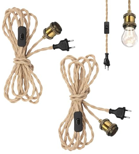 2 pcs Lustre Corde de Chanvre, Douille de Lampe E27 Vintage avec Câble et Interrupteur, 4.5m Douille E27 Interrupteur, DIY Lampe Suspendue Industrielle pour Maison Chambre Bar Cuisine