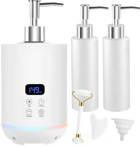 Massage Oil Warmer, iklestar Massage Oil Bottle Digital Heater with Atmosphere Light, Portable Electric Body Lotion Cream Heated Dispenser Gua Sha Roller Kit for Spa, Salon and Home Use, White