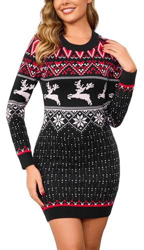 Wayleb Vestido de Suéter Navideño para Mujer Punto de Jersey Manga Larga Vestido de Navidad Cuello Redondo para Invierno