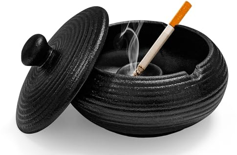TAIVIN Aschenbecher für Draussen,Aschenbecher mit Deckel Keramik,Windaschenbecher für Innen,Outdoor,Terrasse,Garten,Balkon&Wohnzimmer (Schwarz)