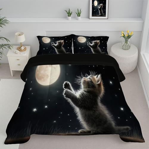 JEDTAKCT Trapunta Singolo Per Bambini, Con Stampa Gatto Carino, Trapunta 4 Stagioni, Luna Piena E Cielo Stellato, Piumone Nero, Letto 140X200 Federa, Reversibile Piumino Senza Copertina