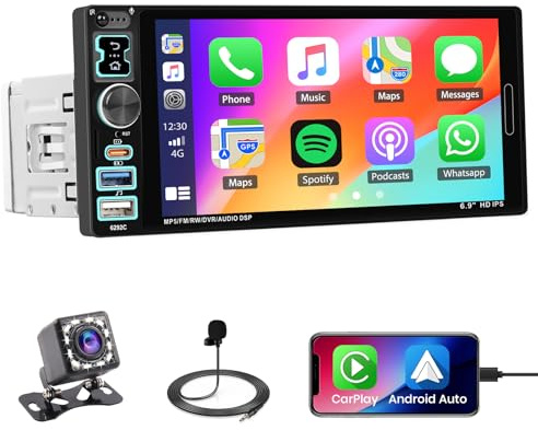 Roinvou 1 DIN-bilradio med CarPlay och Android Auto och Mirror Link, 6,9-tums pekskärm, stöd för laddning av typ C/USB/mikrofon/FM/EQ/Bluetooth/SWC och bakåtriktad kamera
