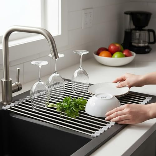 Esila Escurreplatos Plegable sobre Fregadero, Rejilla Escurridora Enrollable de Acero Inoxidable, Secador de Platos Multifuncional para Tazas, Frutas y Verduras, Organizador de Cocina Antideslizante