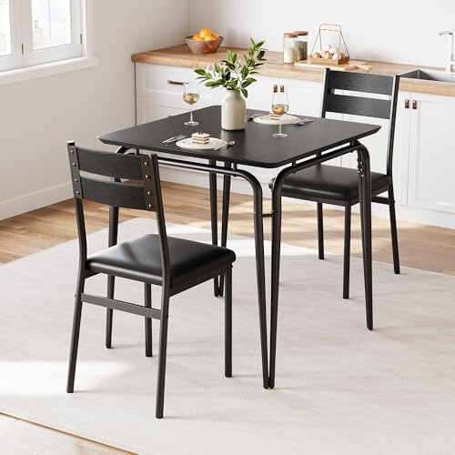 Koioplie Juego de comedor de 3 piezas, mesa de comedor con 2 sillas, conjunto de asientos para cocina, comedor, sillas con tapicería de piel sintética, juego de comedor, madera, color negro