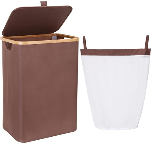 Sea Team Cesta de ropa sucia plegable de gran capacidad 66L, con tapa, bolsa extraíble y asas de bambú, para baño, dormitorio, residencia estudiantil y armario, color marrón