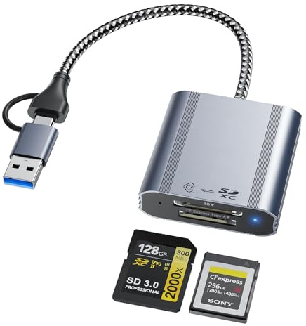 USB 3.2 High-Speed CFexpress Typ A & SD Kartenleser Dual-Slot Kartenleser – 10 Gbit/s USB-C + USB-A Typ A CFexpress Adapter kompatibel mit Windows/Mac/Android –Ideal für Fotografen und Videografen