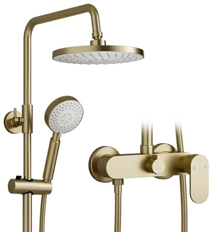 WFCTG Duschsystem,Duscharmatur Komplettset Messing, Regendusche mit Armatur | Duschamaturenset Regendusche Gold, Höhenverstellbar Duschsäule Duschset mit 22,5 cm Duschkopf, Handbrause mit 3 Funktionen