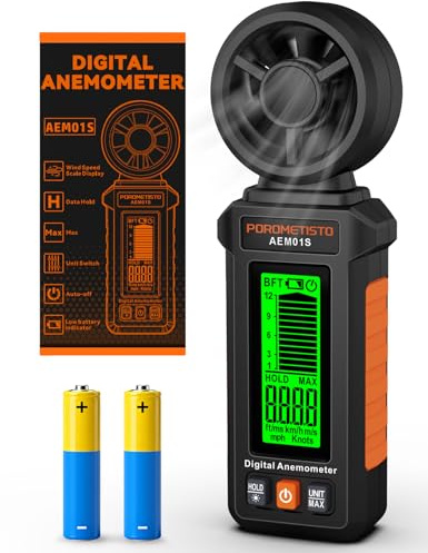Portatile Anemometro Digitale per Tende da Sole, Campeggio e HVAC | POROMETISTO Misuratore Velocità del Vento con Display Retroilluminato e Allarme, 6 Unità (m/s, km/h)