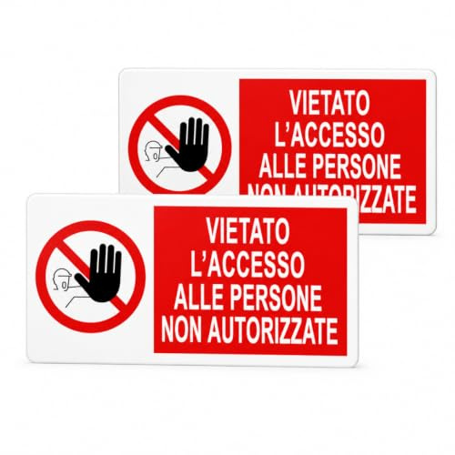 AGRICOM Cartello Divieto di Accesso – Vietato l’Accesso alle Persone Non Autorizzate | Kit 2 Cartelli 17 x 9,5 cm in Polipropilene | Biadesivo Incluso | per Interno ed Esterno | Made in Italy