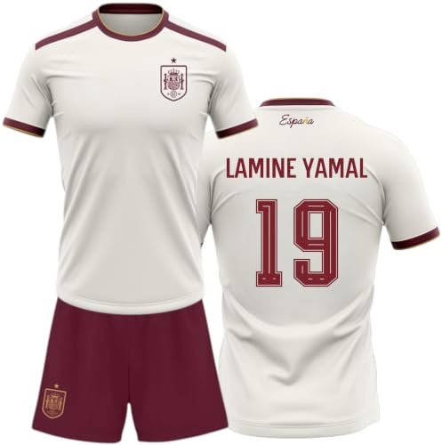 Champion's City Selección Española Kit Mundial 2026-2028 Camiseta y Pantalon Lamine Yamal 19, Color Blanco y Granate, Conjunto Futbol Infantil