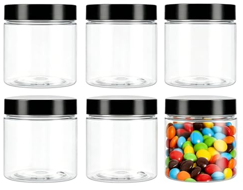 Lot de 6 pots vides rechargeables en plastique PET transparent avec couvercle noir - 250 g
