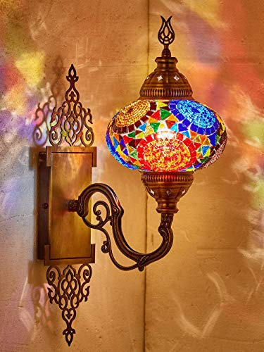 DEMMEX Turkisk marockansk mosaik vägglampa, handgjord glasjord, mässingsbas, 1,5 m kabel, dekorativ belysning för vardagsrum och sovrum, Topmix