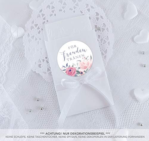 Freuden Tränen Taschentücher Set zur Hochzeit Klein 24 Sticker BLÜTEN ROSEN PASTELL ROT ROSA GRAU BLAU + 24 weiße Flachbeutel 63 x 93 mm für Freudentränen Taschentuch Verpackungen