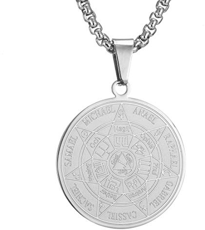 AFSTALR 7 ärkeänglar medalj talisman halsband för män och kvinnor, Salomo pentagram talisman lyckoamuletter och skydd, 55 cm, Rostfritt stål, Utan sten