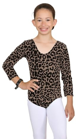 janisramone® Girls Gymnastics Leotards, Long Sleeve Kids Leopard Print Bodysuit, Scoop Neck Stretchy Dance Ballet Leotard for Girls, Soft Microfiber Kids Bodysuit