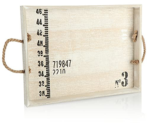 COM-FOUR® Vassoio da portata in legno - Vassoio in legno vintage con manici in corda - Grande vassoio decorativo con affascinante aspetto rustico (1 pezzo - bianco - 39x29cm)