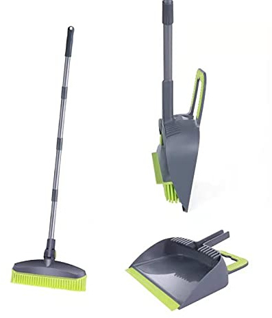 Adjustable Rubber Push Broom and Dustpan Set,Self Cleaning Indoor Outdoor Angle Brooms with Dust pan for Home,Long Handle for Floor Sweeping, Kids,Carpet Dog Cat Pets Offices Use