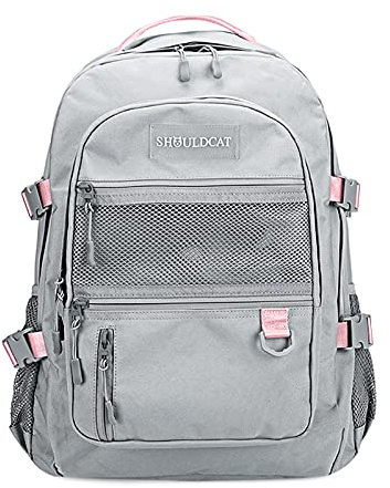 FANDARE ryggsäck, skolryggsäck, skolväskor, dagryggsäckar med laptopfack för 15,6 tum, hängande väska för flickor och pojkar, skolväskor universitet resor fritid arbete, dagryggsäck vattentät i polyester, grå rosa, L