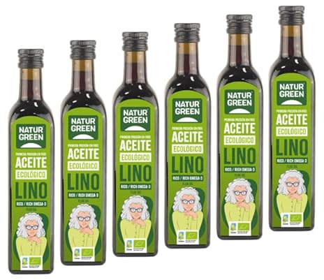 NaturGreen - Aceite de Semillas de Lino Ecológico 100%, Rico en Omega-3, Contiene 500 ml, Pack 6 Unidades