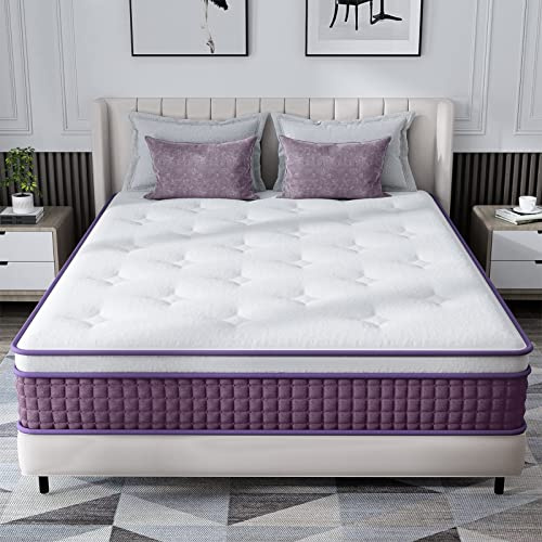 REGOSS 30 cm (12 tum) innerfjäder hybridmadrass, rörelseisolering individuellt fickade spolar madrass, Euro topp queen size madrass i en låda, plysch skum resårmadrass för tryckavlastning, lila