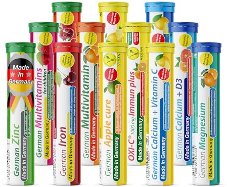 T&D German Vitamin, Minerals - 240 Vegan/Vegetarian Drink Effervescent Tablets - Mixed Fruit Flavor Box - Made in Germany