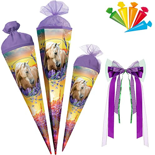 alles-meine.de GmbH Schultüte - Pferdeträume/Pferd mit Blumen 35-85 cm Größe wählbar Zubehör - komplette Füllung - Zuckertüte - Tüllabschluß/Filzabschluß - eckig/ru..