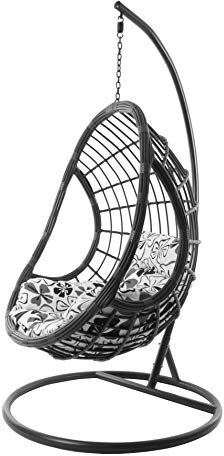 KIDEO Komplettset: großer Hängesessel mit Gestell & Kissen, Hängesessel grau, Indoor & Outdoor, Poly-Rattan, anthrazit (Kissen: schwarz/weiß geblümt Nest (9800 fossil Flower Love))