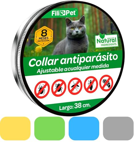 Collar Antiparasitos para Gato 8 Meses de Protección. Eficaz contra Pulgas, Garrapatas, Mosquitos y Piojos. Resistente al Agua. 38 cm. de Largo, Ajustable. FILIPET. (Verde)