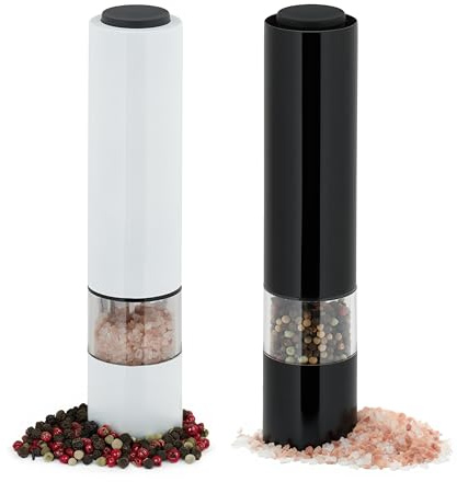 Relaxdays Salz und Pfeffermühle, 2er Set, Edelstahl, Keramikmahlwerk, elektrische Gewürzmühlen, LED-Licht, weiß/schwarz