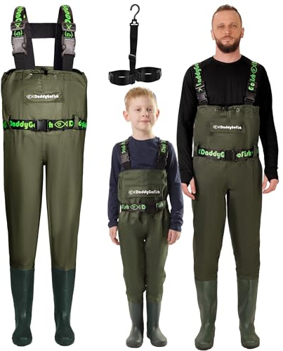 DaddyGoFish Waders barn och vuxna, fiske och jakt vadare med ficka och vadarkrok, Grön, Adulto (M7/W9)