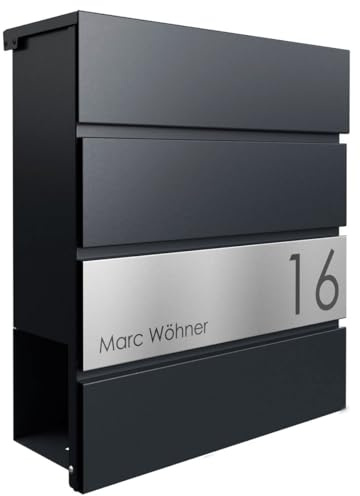 Cassetta delle lettere Manufaktur Design Kant Edition con scomparto per giornali – Elegance 1 personalizzata con il vostro nome e numero civico (RAL 9005 nero)